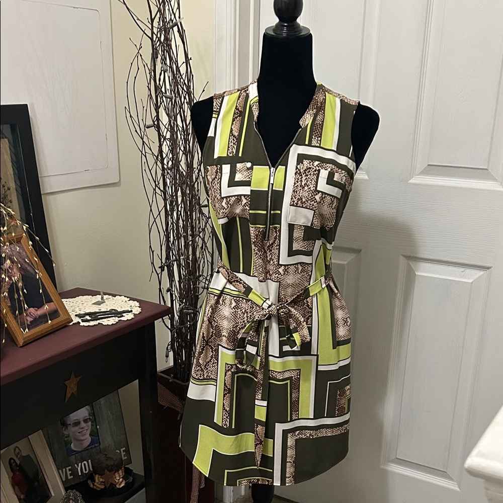 New York & Company Green and Brown Geometric Dress NEW